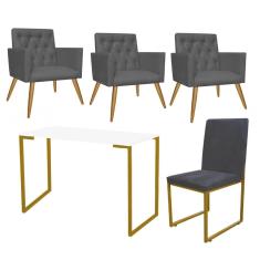 Imagem de Kit Escritório Stan 3 Poltronas Capitonê com Cadeira e Mesa Industrial Branco Dourado Suede Cinza - Ahz Móveis