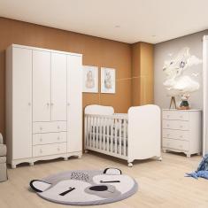 Imagem de Quarto de Bebê com Guarda Roupas 4 Portas Cômoda e Berço com Rodizio Mimo 100% Mdf Espresso Móveis Branco Brilho