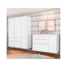 Imagem de Quarto de Bebê Cômoda Infantil e Guarda Roupa Infantil 3 Portas e 2 Gavetas Melissa Retrô 100% MDF Cor Branco - Phoenix