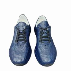 Imagem de Tênis masculino autêntico de pele de avestruz real cano médio azul com cadarço couro exótico genuíno masculino casual macio para caminhada sem salto, Azul, 39