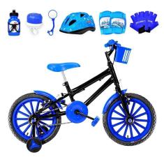 Imagem de Bicicleta Infantil Aro 16 Nylon + Kit Proteção Preta e Azul