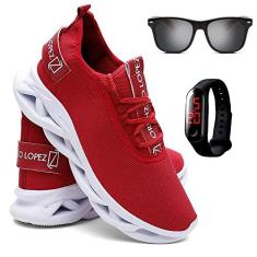Imagem de Kit Tênis Masculino de Corrida e Caminhada + Óculos de Sol Madeirado e Relógio - Vermelho/39