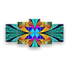 Imagem de Quadro Decorativo Flor Simétrica Vitral Verde Laranja 129x61