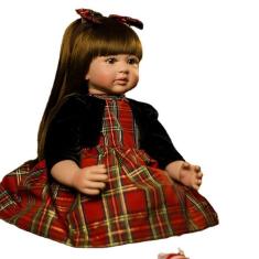 Imagem de Boneca infantil Reborn de 60 cm com vestido xadrez vermelho grande, olhos azuis