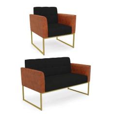 Imagem de Sofá Namoradeira E Poltrona Base Industrial Dourado Elisa Nozes-linho Preto A79 D03 - D'rossi