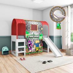 Imagem de Cama Infantil Joy com Escorregador Dossel Barraca Mine Hero e LED Branco Vermelho Pura Magia + Colchão Ortobom