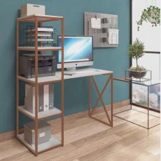 Imagem de Mesa Escrivaninha Max BeX Escritório com 5 Prateleiras Estante de Livros Ferro Bronze Tampo Branco - Ahz Móveis