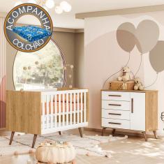 Imagem de Quarto de Bebê com Berço Americano 3820 e Cômoda Infantil 3825 Qencanto Retrô Qmovi Freijó Branco Acetinado + Colchão Ortobom
