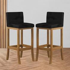 Imagem de Kit 2 Banquetas Alta Encosto Estofado 38x98 Cm Ilha Espanha Madeira Maciça Amêndoa Suede Preto - CCS