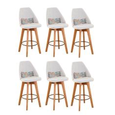 Imagem de Kit 06 Banquetas Alta Maya Giratória Com Encosto Linho Bege Claro e Almofada Folhas - Aurora Line