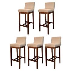 Imagem de Kit 5 Banquetas Alta Estofada para Bancada de Cozinha Lisboa Madeira Capuccino Suede Bege CCS
