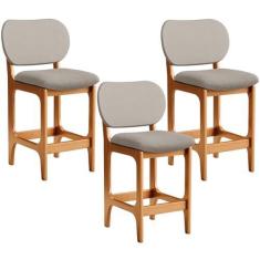 Imagem de Kit 03 Banquetas Baixa Bar Cozinha E Sala De Jantar Fixa Betta L02 Imbuia Linho Bege - Lyam Decor