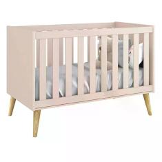 Imagem de Berço Mini Cama Theo Rosa Fosco Com Pés Madeira Natural - Reller Móveis Rosa Fosco