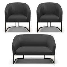Imagem de Sofá Namoradeira E 2 Poltronas Base Industrial Preto Stella Corino Preto D03 - D`rossi