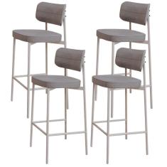 Imagem de Kit 04 Banquetas Alta Bar Cozinha Sala De Jantar Aço Branco Kaira C01 Linho Cinza - Lyam Decor