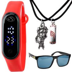 Imagem de Relogio digital infantil naruto led + colar duplo + oculos qualidade premium vermelho protecao uv