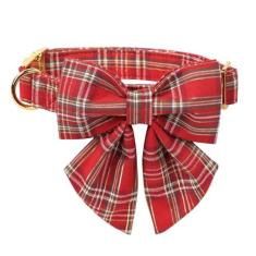 Imagem de Coleira xadrez de Natal vermelha e dourada MR. CHUBBYFACE Coleiras para meninos e meninas com laço de marinheiro para cachorrinhos pequenos, médios e grandes