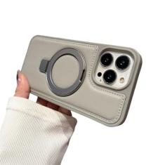 Imagem de Suporte de couro capa de telefone para iphone 15 14 pro max suporte de anel magnético capa à prova de choque para iphone 15 14 plus, cinza, para iphone 15