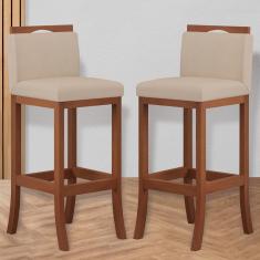 Imagem de Kit 2 Banquetas Alta Encosto Estofado 38x102 Cm Turim Madeira Maciça Pinhão Suede Bege CCS