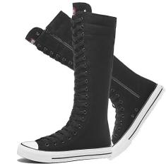 Imagem de rismart Tênis feminino de lona cano alto comprimento até o joelho cadarço punk dança tênis, Preto, 38