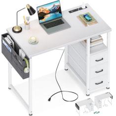 Imagem de AODK Mesa de computador pequena de 81 cm com gavetas de tecido e estação de carregamento, mesa de escritório para quarto, mesa de escritório em casa com prateleira de armazenamento e bolsa,