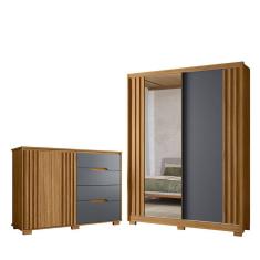 Imagem de Kit Guarda Roupa C/ Espelho 2 Portas Cannes E Cômoda Sapateira Munique M01 Freijó Cinza Clique Chique