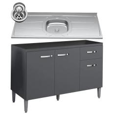 Imagem de Balcão Gabinete Com Pia Inox 120cm 3 Portas e 1 Gaveta Gabriela Cinza - AJL Móveis