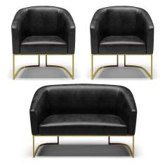 Imagem de Sofá Namoradeira E 2 Poltronas Base Industrial Dourado Stella Corano D03 - D`rossi Cor Preto