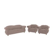 Imagem de Conjunto Sofá 3 Lugares + 2 Poltronas Chesterfield Merlo- Suede Nude /