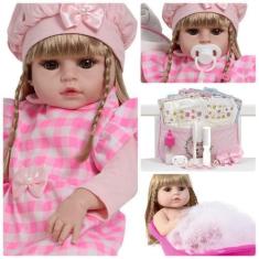 Imagem de Boneca Bebê Reborn Recém Nascida Bolsa Enxoval Xadrez Rosa - Cegonha R
