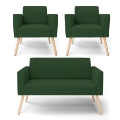 Imagem de Sofá Namoradeira Com 2 Poltronas Pés Palito Natural Marisa Veludo Verde D03 - D'rossi