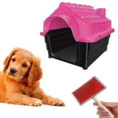Imagem de Casa Para Cachorro Porte N3 Rosa + Rasqueadeira Cabo Madeira - Mecpet