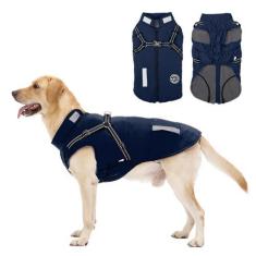 Imagem de Casaco para cães: Casaco de inverno quente para cães - Jaqueta de lã para cães com arnês embutido, casaco para clima frio para cães com listras refletivas, colete impermeável para cães, casacos para