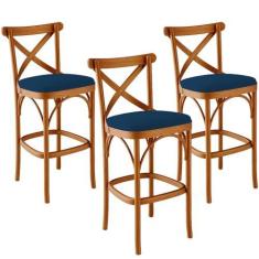 Imagem de Kit 03 Banquetas Altas Cozinha Bancada Bar Sala Jantar Estofada Ávila L02 Suede Azul Marinho - Lyam