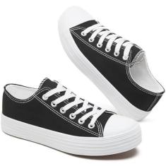 Imagem de BENPAO Tênis branco feminino de lona de cano baixo, tênis de lona, feminino, moderno, sem cadarço, casual, Preto, 36