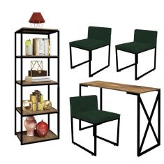 Imagem de Kit Escritório Bex 3 Cadeiras Suede Verde com 1 Mesa e 1 Livreiro Ferro Preto MDF Freijó - Ahazzo Móveis