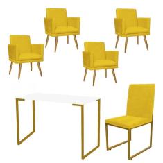 Imagem de Kit Escritório Stan 4 Poltronas Rodapé com Cadeira e Mesa Industrial Branco Dourado Suede Amarelo - Ahz Móveis