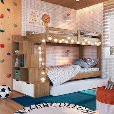 Imagem de Treliche Infantil Solteiro Com Escada E Cama Auxiliar Aveiro Oak Branco Dermott Completa Móveis