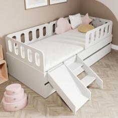 Imagem de Bicama Solteiro Mdf Branco com Escadinha/Escorrega 03 Grades e Cabecei