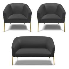 Imagem de Sofá Namoradeira E 2 Poltronas Pé De Ferro Dourado Stella Corino Preto D03 - D`rossi