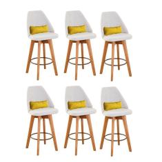 Imagem de Kit 06 Banquetas Alta Maya Giratória Com Encosto Linho Bege Claro e Almofada Sintético Amarelo - Aurora Line
