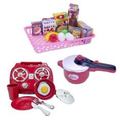 Imagem de Cozinha Infantil Panela Menino Vermelho Mercado Fogão 21Pç - Altimar