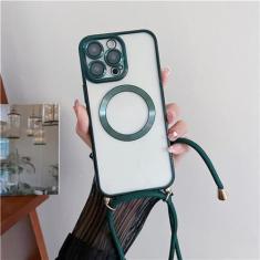Imagem de Capas de carregamento magnético sem fio transparentes revestidas para iPhone 15 14 11 12 13 Pro Max Crossbody Lanyard Colar Capa, verde escuro, para iPhone 14 Pro