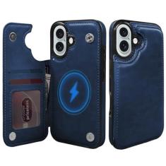 Imagem de TopPerfekt Capa carteira para iPhone 16 de 6,1 polegadas, compatível com MagSafe, resistente a quedas, resistente, à prova de choque, suporte de cartão de couro, capa protetora magnética para celular
