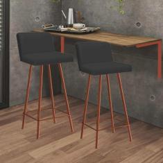 Imagem de Kit Mesa Suspensa de Parede Fixa mdf Rústico + 2 Banquetas Lexi Ferro Bronze Suede Preto - Ahazzo Móveis