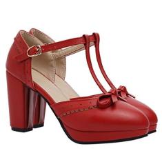 Imagem de Holibanna Mary Jane sapato feminino salto grosso, com fivela, sapato escarpim Lolita sapatos de couro, , 6.5