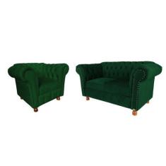 Imagem de Conjunto Sofa Namoradeira Chesterfield Capitone Suede Verde Bandeira /