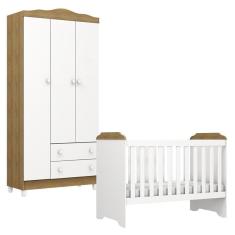 Imagem de Berço Americano Mini Cama e Guarda Roupa Mel Flat Branco Acetinado Amadeirado - Carolina