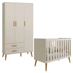 Imagem de Berço Americano 2 em 1 e Guarda Roupa Isis Retrô 3 Portas 2 Gavetas Areia Fosco - Reller