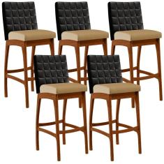 Imagem de Kit 05 Banquetas Altas Mila Preto Linho Bege Escuro
